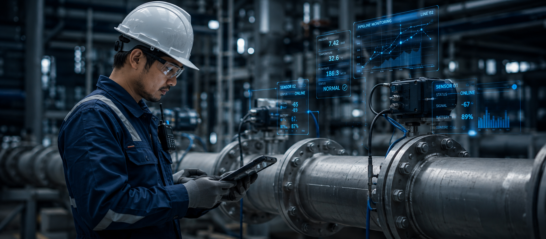 Field engineer with live pipeline sensor telemetry overlay