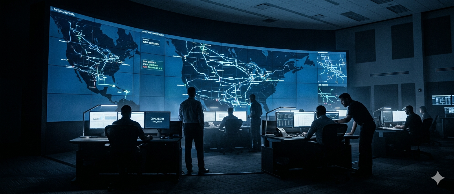 Pipeline network operations command centre with geospatial wall display